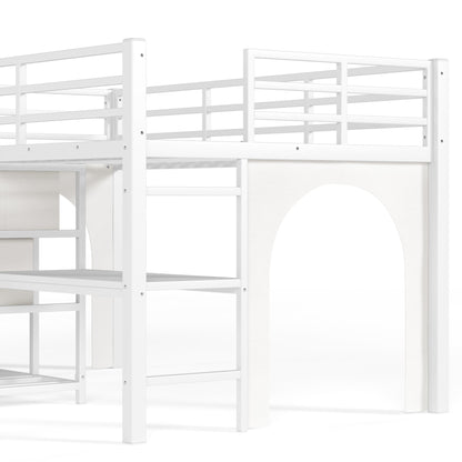 Twin Metal Low Loft Bed for Kids, Low Loft Bed with Storage Drawer, Low Loft Bed with Bookshelf & Built-in Desk, Sturdy Low Loft Bed Frame, Multi-Function Low Loft Bed for Kids.White
