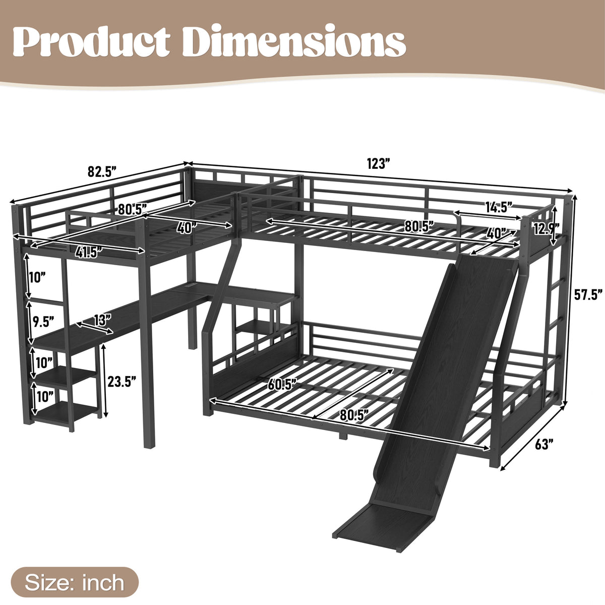 L-Shaped Metal Bunk Bed (Top bed: twin xl, bottom bed: queen) with Single Loft Bed, Desk, and Storage Shelves, USB Charging Port Included - Metal Triple Bunk Bed with Slide,B