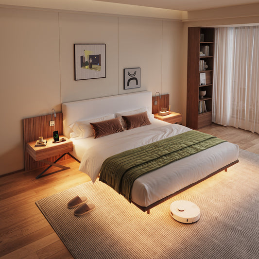 High-end Wide-screen King-size Bed / Equipped with Two BedsideTables / Two Reading Lamps are Placed at the Side of the Bed / There is a Light Strip Attached to the Bedside / Multi-functional Comb