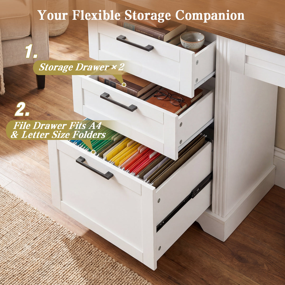 White Farmhouse Office Desk with Charging Station, Monitor Stand & Storage Cabinet, Barn Door Design, MDF, 59.5' L x 21' W x 35.8' H