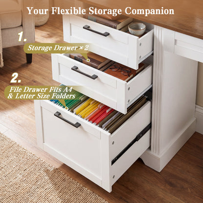 White Farmhouse Office Desk with Charging Station, Monitor Stand & Storage Cabinet, Barn Door Design, MDF, 59.5' L x 21' W x 35.8' H