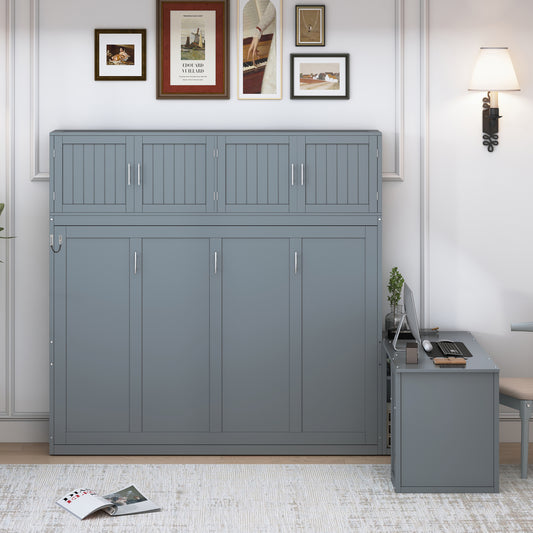 Queen Size Wall Murphy Bed with Desk and Storage Shelves and Big Cabinets, Gray(OLD SKU: N820S10034E-1)