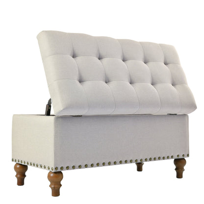 Ottoman storage bench, recessed support hinge top easy to open, rivet trim around, bedroom, entrance, living room, linen (Beige)