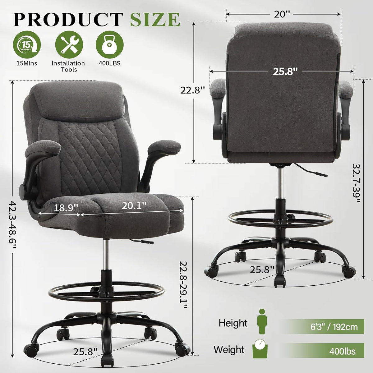 Drafting Chair Tall Office Chair for Standing Desk, Ergonomic Tall Desk Chair with Adjustable Foot Ring, Flip-Up Armrests, Lumbar Support, Comfortable Fabric Seat – Ideal for Home and Office
