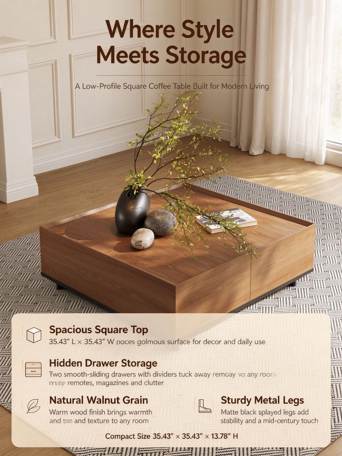 35.43" Square Walnut Finish Coffee Table with Hidden Drawer and Black Base, Modern Large Cocktail Center Table with Storage for Living Room, Apartment and Office