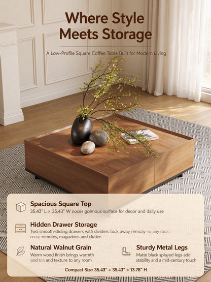 35.43" Square Walnut Finish Coffee Table with Hidden Drawer and Black Base, Modern Large Cocktail Center Table with Storage for Living Room, Apartment and Office