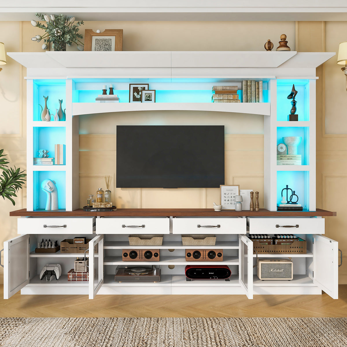 94.3' Extra Long Farmhouse TV Stand with 7-Color LED Lights, Adjustable Shelves & Storage Cabinets, Modern Entertainment Center Media Console for 65 Inch TVs for Living Room