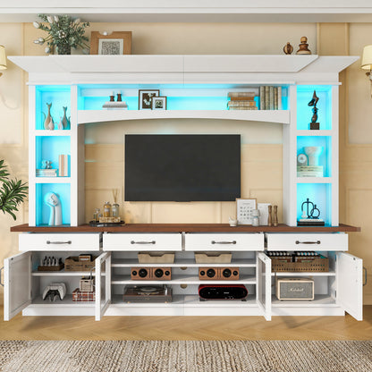 94.3' Extra Long Farmhouse TV Stand with 7-Color LED Lights, Adjustable Shelves & Storage Cabinets, Modern Entertainment Center Media Console for 65 Inch TVs for Living Room