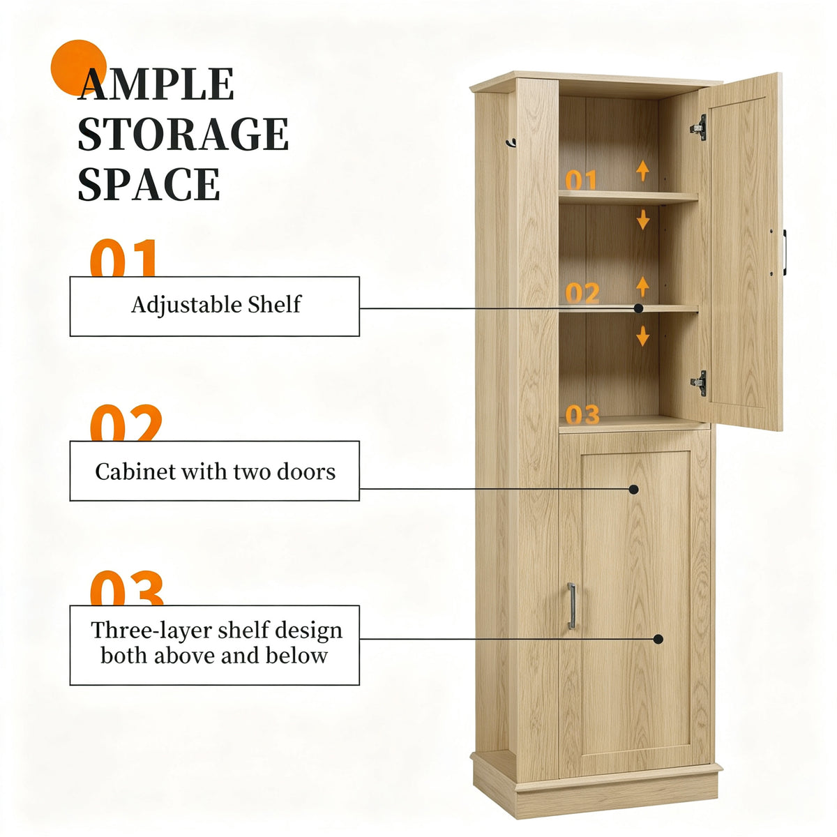 Tall Bathroom Storage Cabinet, Freestanding Storage Cabinet with Hook and Adjustable Shelf, MDF Board, Natural