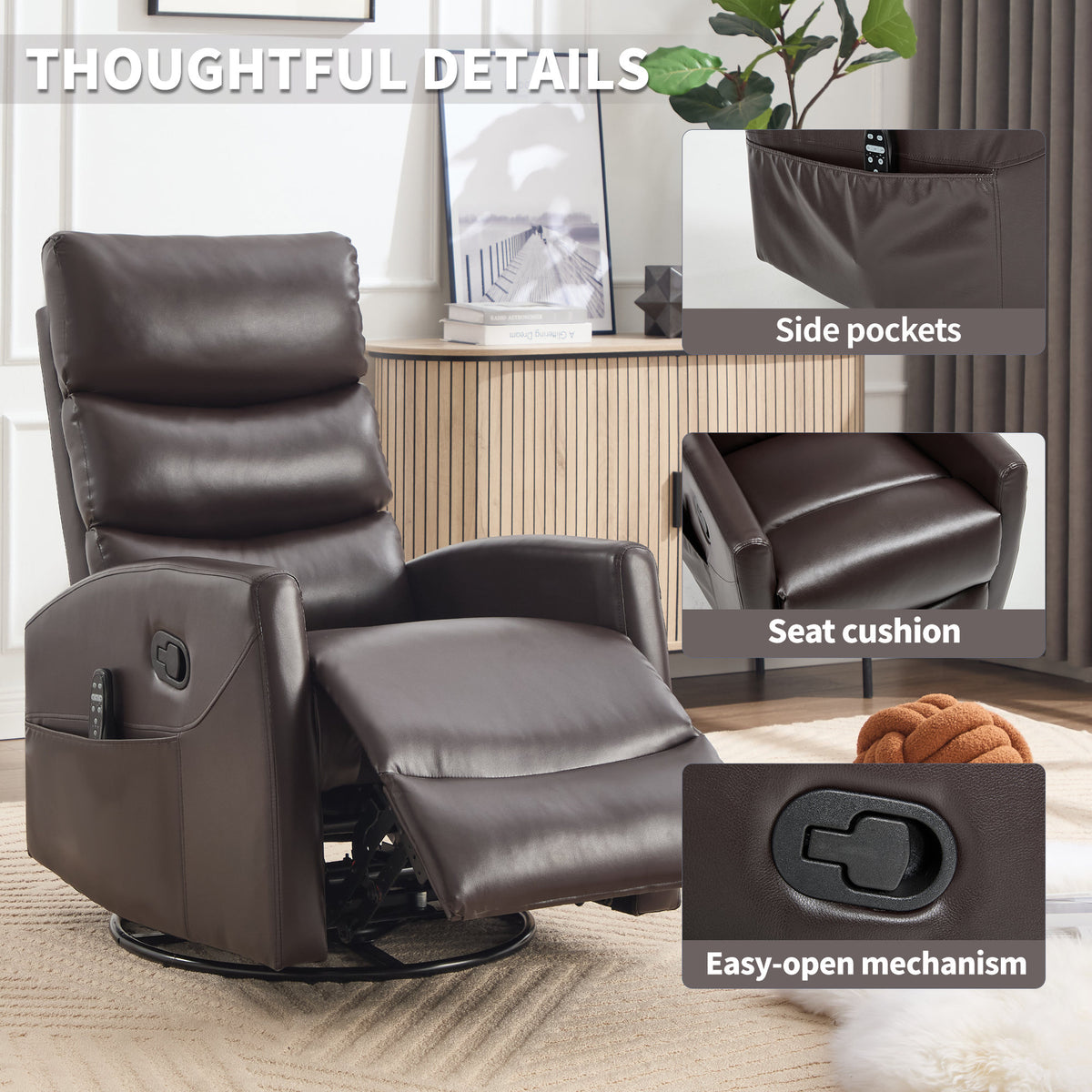Heat Massage Manual Recliner Chair with Rocker and Swivel in Fabric, Brown
