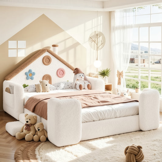 Full House Shaped Upholstered Floor bed, Upholstered Kids bed with Safety Side Rails, Solid Children Bed Frame, Low Floor Playhouse Bed for Nursery & Kids Bedroom.Beige & Natural