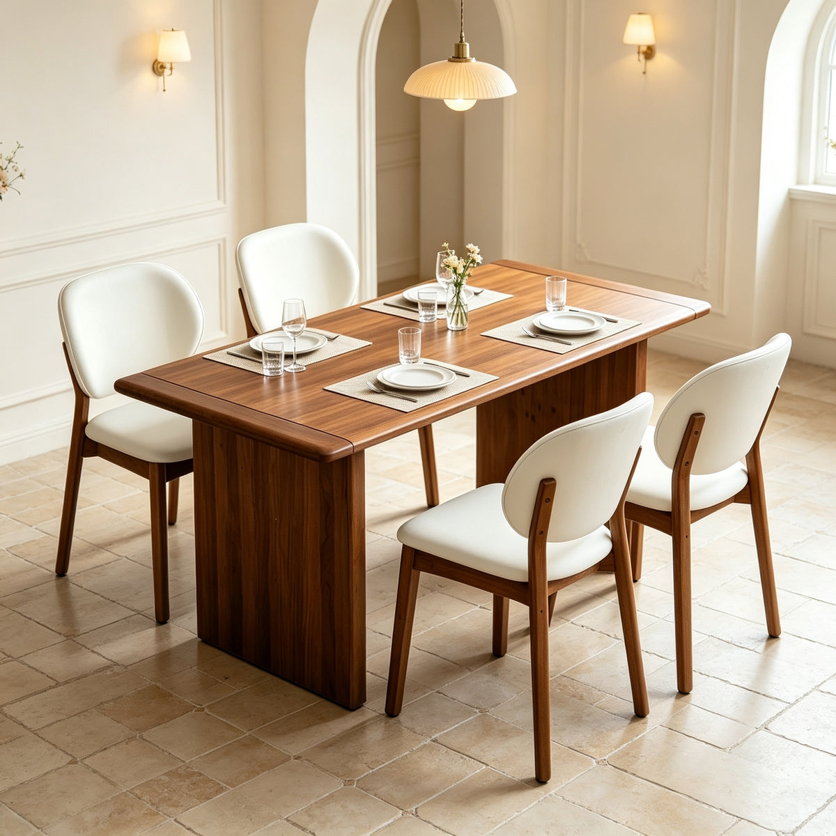 5‑Piece Solid Wood Dining Table Set, Mid‑Century Rectangular Dining Table with 4 Upholstered PU Leather Dining Chairs, Walnut Wood‑Tone Kitchen Dining Room Furniture Set for 4 Persons, Modern Farmhous