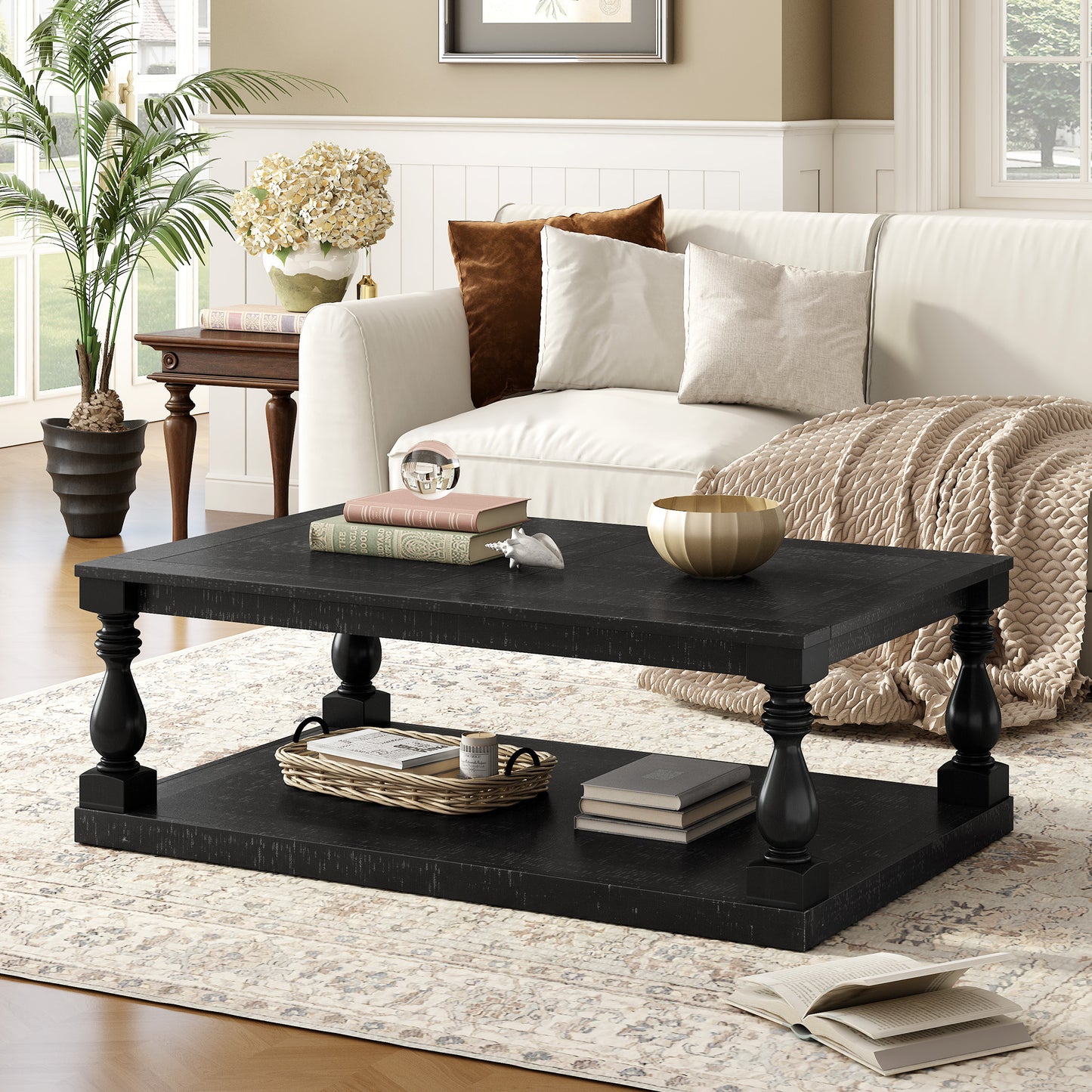 U_STYLE Vintage Coffee Table Featuring Artistic Vase Column Legs and Luxurious Pine Veneer for Timeless Charm,Suitable for living room, study room