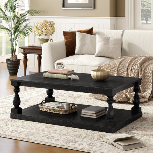 U_STYLE Vintage Coffee Table Featuring Artistic Vase Column Legs and Luxurious Pine Veneer for Timeless Charm,Suitable for living room, study room