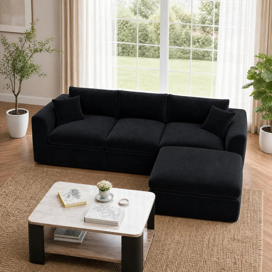 Compressed Modular Sectional Sofa, Tool-Free No Assembly, Freely Combinable Frame-Free Couch, Chenille High Density Foam Without Springs, Ottoman Included for Living Room Bedroom Apartmen