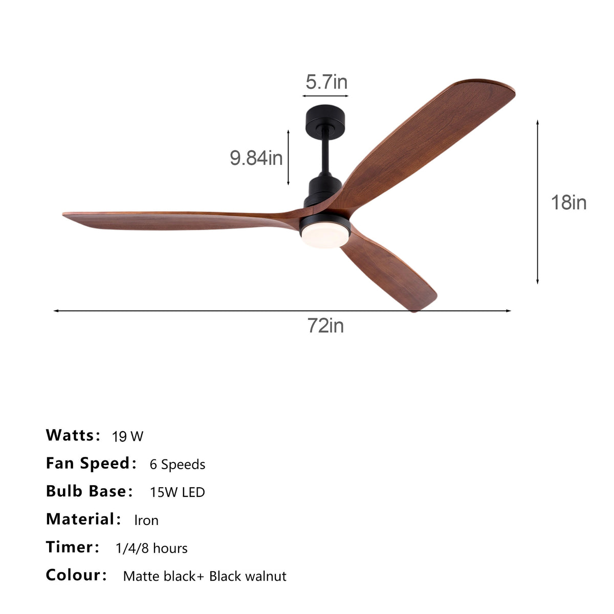 72 Inch Ceiling Fan with LED Light, 3‑Blade Black Walnut Wooden Fan, DC Motor, 6‑Speed & 1/4/8H Timer, Matte Black Iron, For Large Living Room Farmhouse Indoor