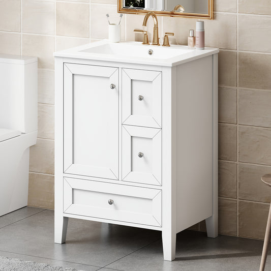 24" Bathroom Vanity with Sink and Drawers, White Freestanding Vanity Cabinet with Ceramic Top and Storage Shelves, MDF and Solid Wood Frame, Modern Sink Cabinet for Small Bathrooms