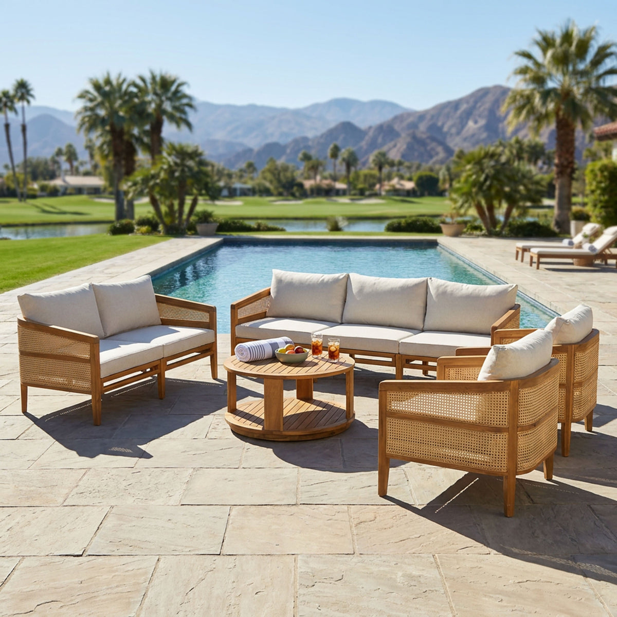 TOPMAX 5-Piece Acacia Wood Patio Furniture Set, Modular Outdoor PE Rattan Sofa Set with Loveseat, 2 Armchairs & Round Coffee Table, Water-Resistant Cushions for Backyard Poolside, Beige
