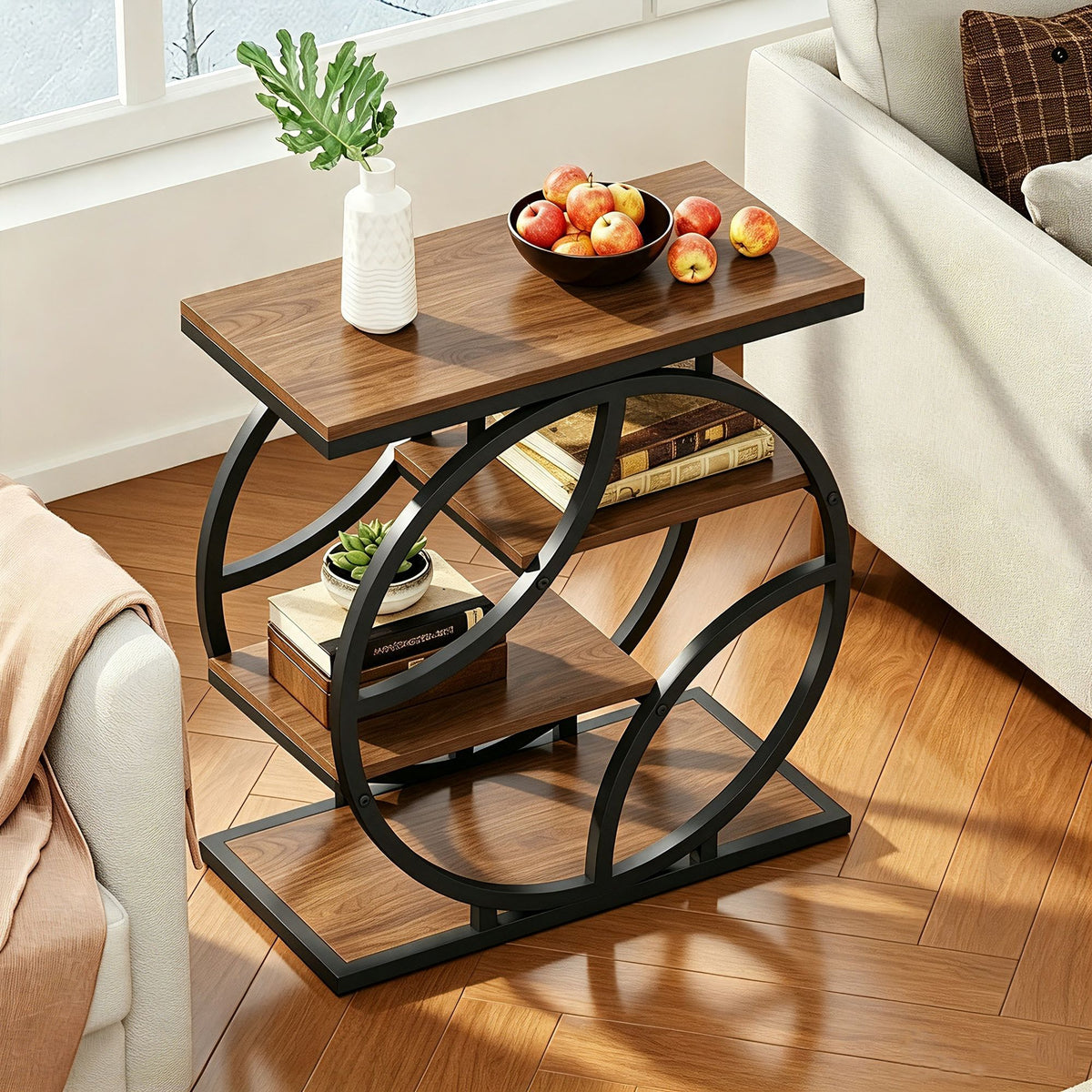 4-Tier Side Table with Storage, 25.6" Narrow End Table, Industrial Plant Stand & Nightstand, Geometric Metal Frame Accent Table for Living Room, Bedroom & Small Spaces, ( Brown)