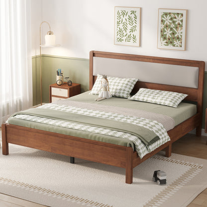 Queen Size, Solid Rubber Wooden Bed with Upholstered Headboard, Reinforced by Central Support Legs,Brown