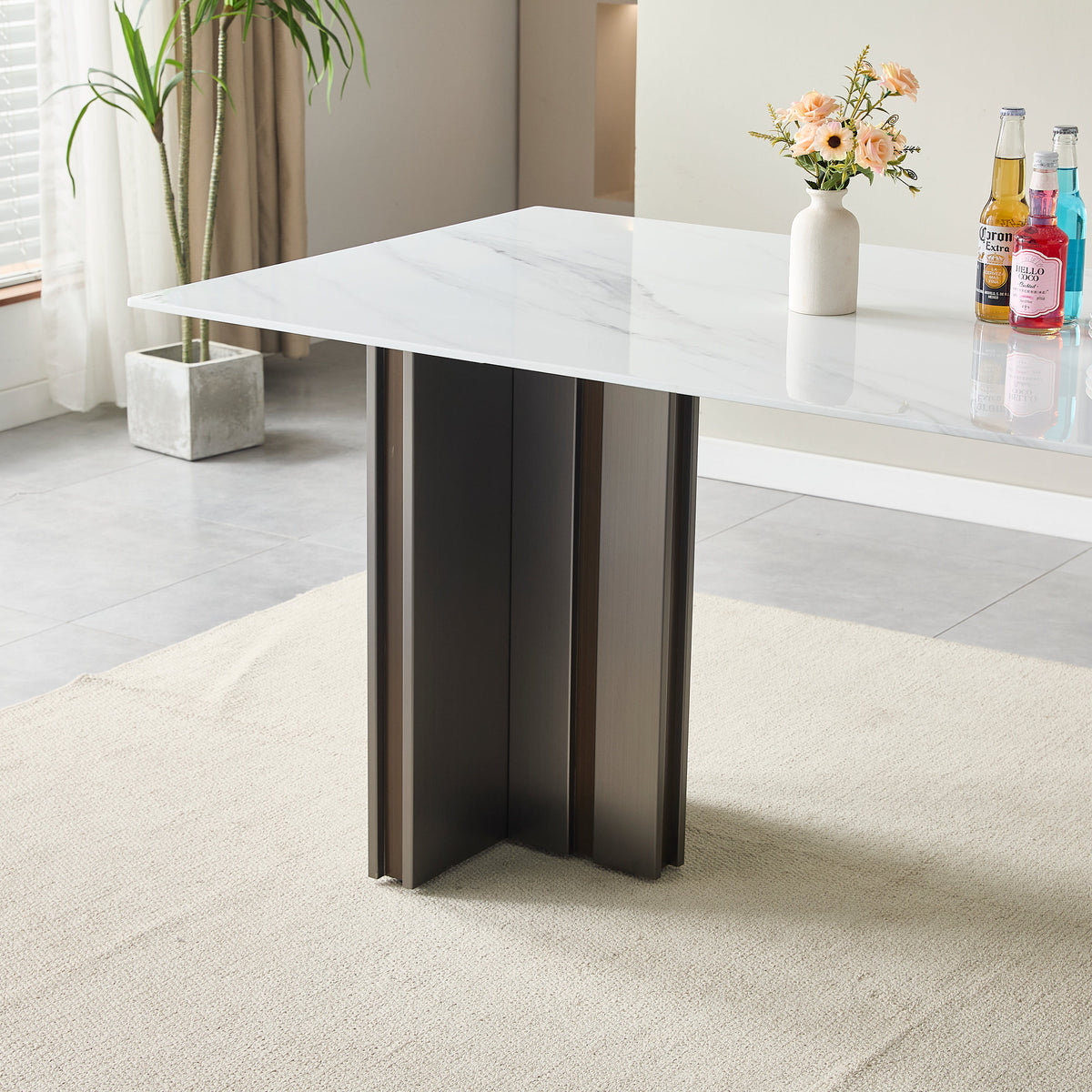 Modern Rectangular Dining Table, Tempered Glass with Marble Texture Top, Matte Gray Brushed Metal Legs, 4-6 Person Capacity, White Marble Finish, 69.30 Inch
