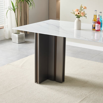 Modern Rectangular Dining Table, Tempered Glass with Marble Texture Top, Matte Gray Brushed Metal Legs, 4-6 Person Capacity, White Marble Finish, 69.30 Inch