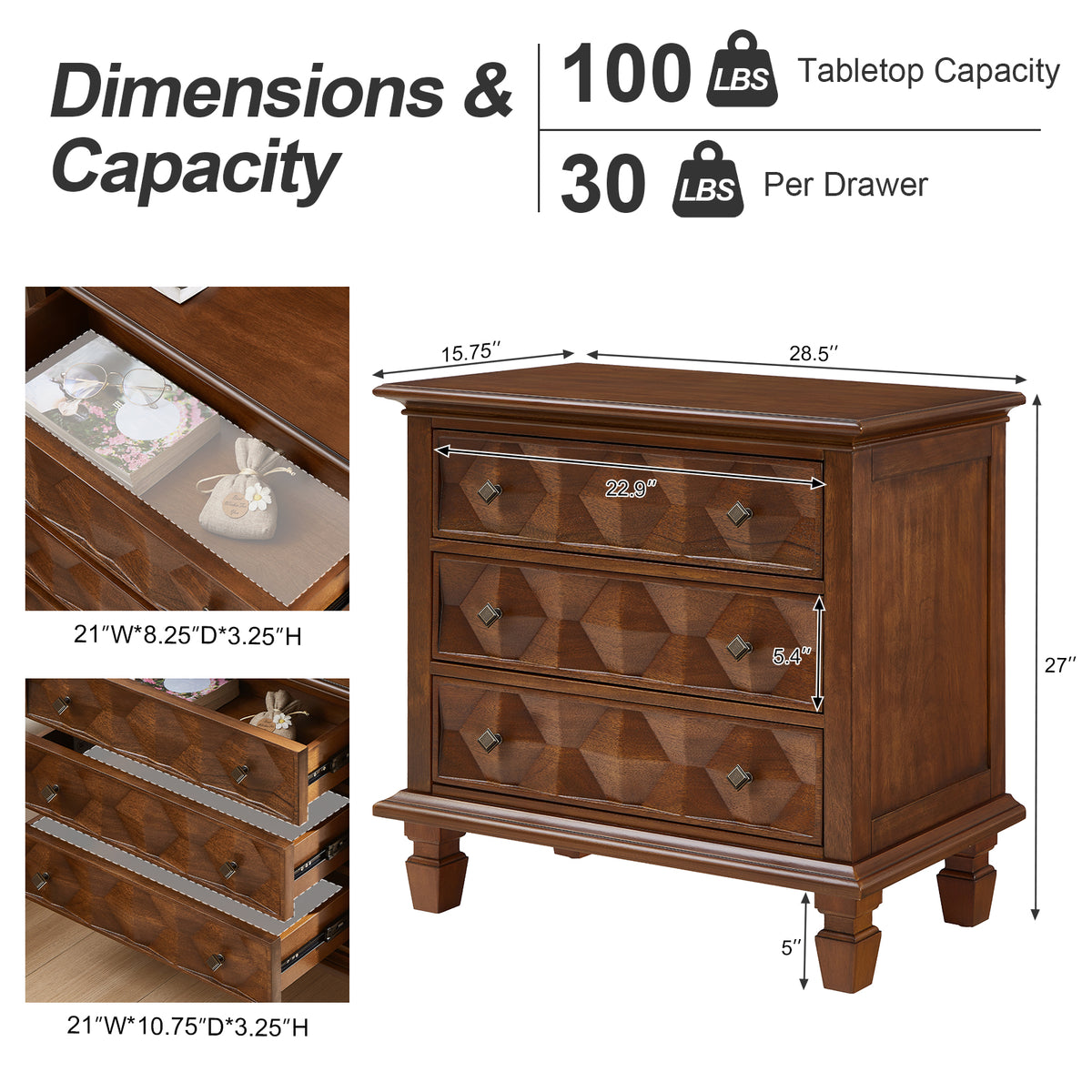 Farmhouse Nightstand with Charging Station, 3-Drawer Engineered Wood Storage Cabinet, Bedside Table for Bedroom