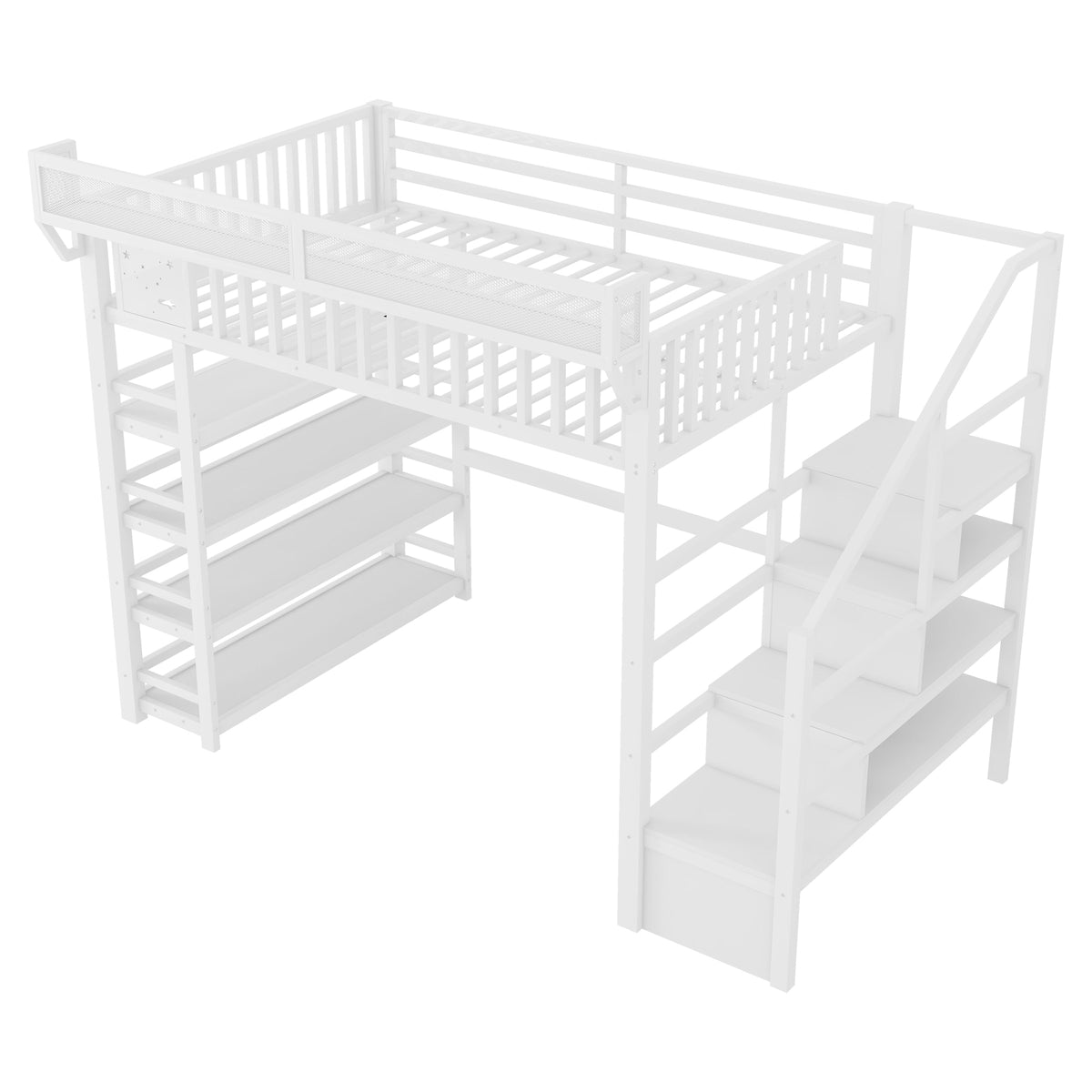 Full Loft Bed with 4 Shelf Storage Rack and Charging Station,Metal Full Loft Bed with Stairs Storage for Kids Teens, Patent Products,White(Old skuW2580S00075)