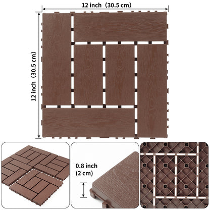 12-inch ZZ style interlocking deck tiles, DIY modular interlocking decking floor tiles, indoor and outdoor floor tiles, courtyard floor tiles that easy to install quickly ,44 pieces, Brown