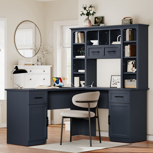 L-Shaped Computer Desk with 2 Cabinets and 2 Drawers, 11 Open Shelves and 1 Right Flip Shelf with Storage, with Power Outlet, Antique Blue