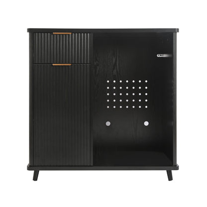 Fluted Coffee Bar Cabinet with Mini Fridge Space & Charging Station, Home Bar Cabinet with Hidden Trash Can Storage & Drawer for Kitchen, Dining Room or Living Room,Black