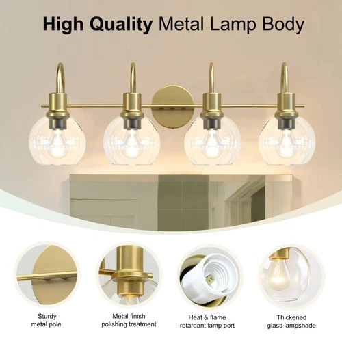 Modern Vanity Light with Glass Shade Bathroom Mirror Gold Wall Lamp Fixture-4-Light