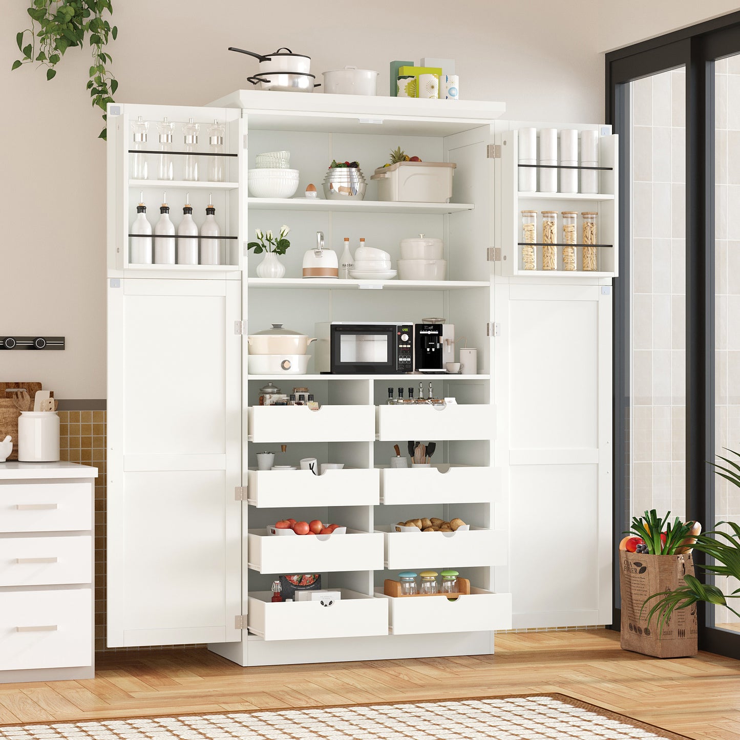 [Assembly Video Provided] TOPMAX 35.5x17.6x70.9inch Freestanding Kitchen Pantry Cabinet, Tall Storage Cabinet with 4 Doors, 2 Door Shelves, 8 Pull-out Trays and Adjustable Shelf for Dining Room, White