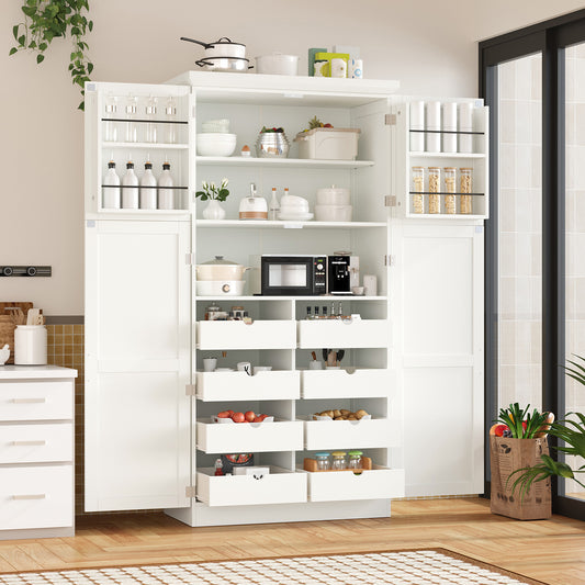 [Assembly Video Provided] TOPMAX 35.5x17.6x70.9inch Freestanding Kitchen Pantry Cabinet, Tall Storage Cabinet with 4 Doors, 2 Door Shelves, 8 Pull-out Trays and Adjustable Shelf for Dining Room, White
