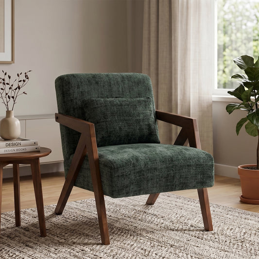 Mid-Century Modern Accent Chair with Solid Wood Frame,Upholstered Chenille Living Room Arm Chairs with Pillow for Bedroom, Living Room, Balcony, Reading Room