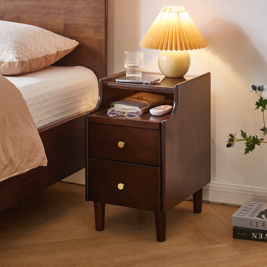 Solid Wood Nightstand with Two Drawers and Pull-out Panel Storage Bedside Table and Sofa Side Table