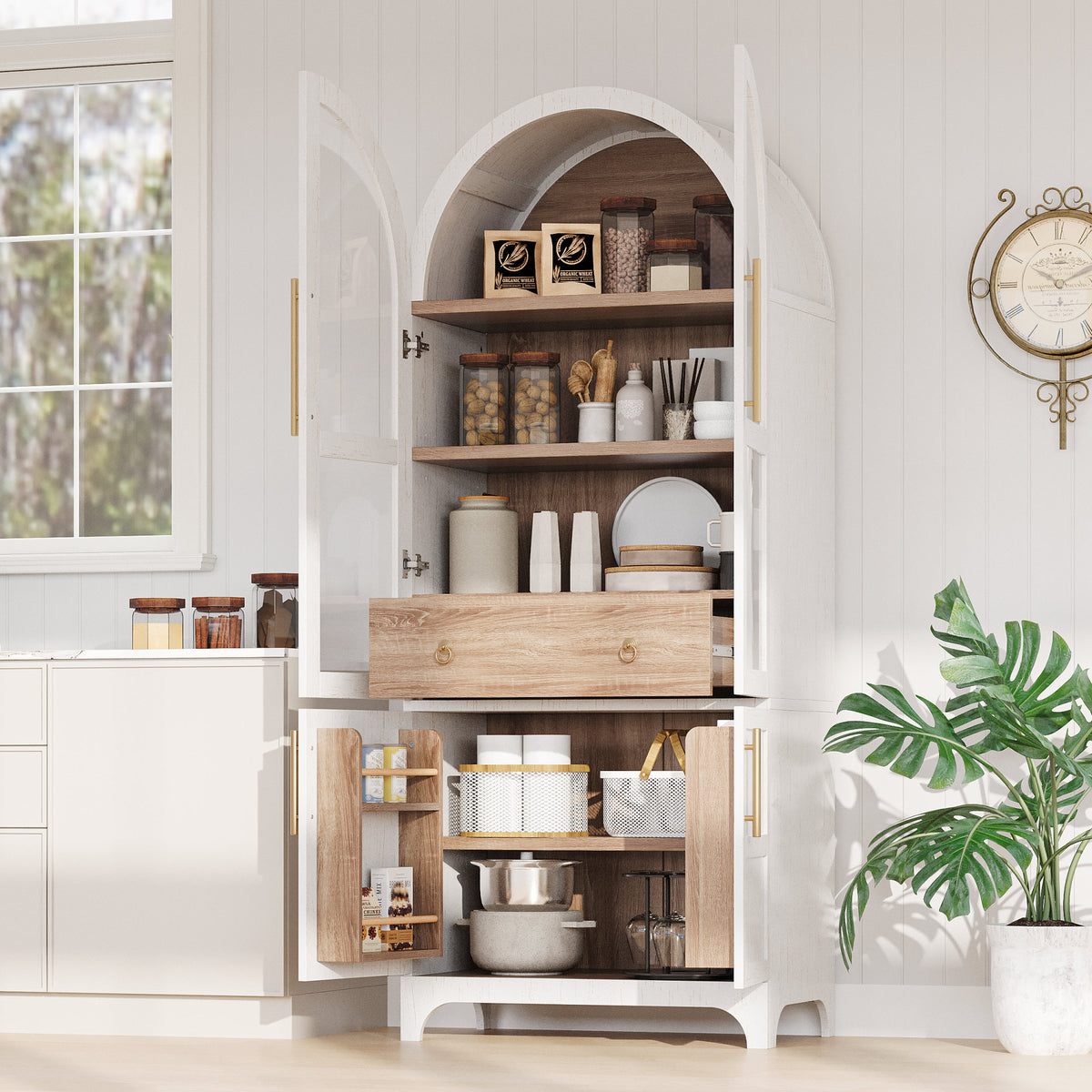 K&K 71" Tall Arched Kitchen Pantry Cabinet with Door Shelves, Farmhouse Kitchen Storage Cabinet with Open & Adjustable Shelves