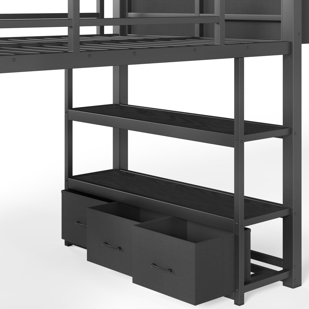Twin Metal Low Loft Bed for Kids, Low Loft Bed with Storage Drawer, Low Loft Bed with Bookshelf & Storage Bag, Sturdy Low Loft bed Frame with Open Storage Space for Bedroom, Black