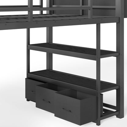 Twin Metal Low Loft Bed for Kids, Low Loft Bed with Storage Drawer, Low Loft Bed with Bookshelf & Storage Bag, Sturdy Low Loft bed Frame with Open Storage Space for Bedroom, Black