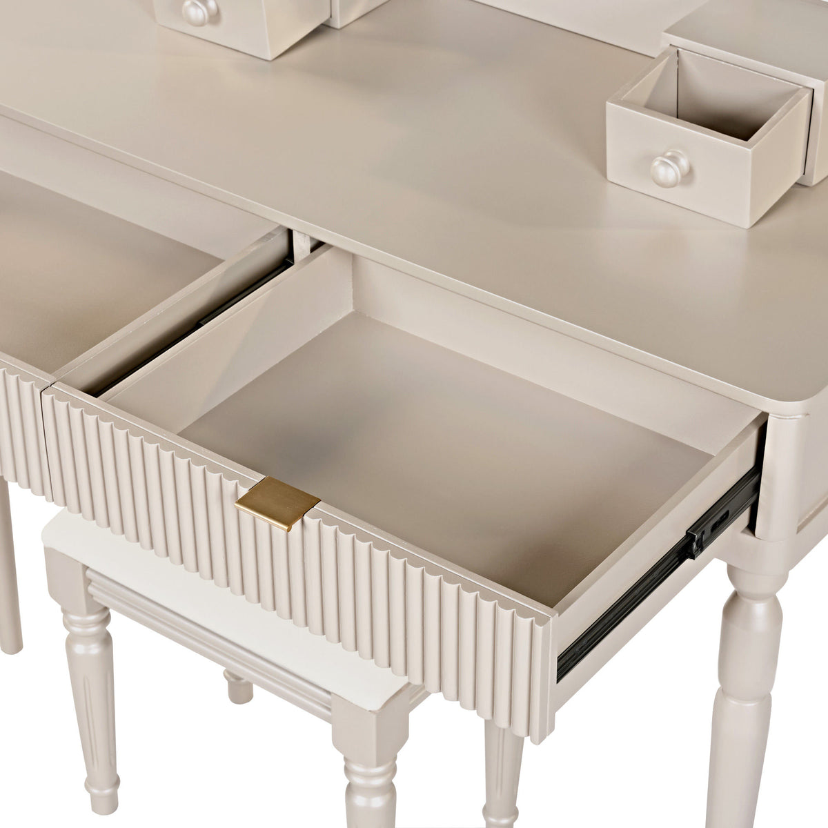 Luxury Vanity Desk with Round Mirror,Height-Adjustable, Stylish Dressing Table Set, 4 Drawers & Stool, Champagne