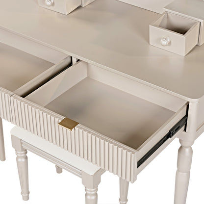 Luxury Vanity Desk with Round Mirror,Height-Adjustable, Stylish Dressing Table Set, 4 Drawers & Stool, Champagne