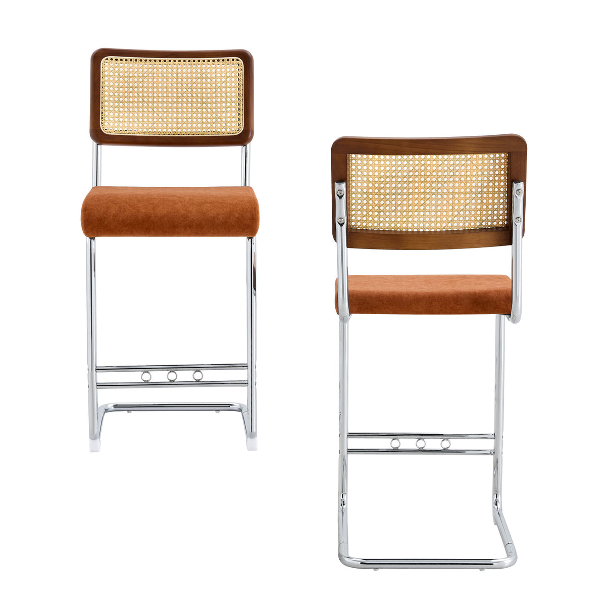 Natural Woven Bar Stool 2-Piece Set with Solid Wood Backrest 25 Inches Medieval Modern Style Counter Stool Coffee Color Velvet Kitchen Stool Chrome Metal Legs.