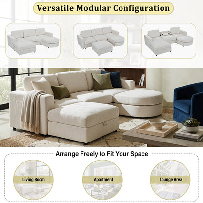 U-Style 102.4" U Shaped Sectional Sofa, Chenille Modular Couch with Curved Ottoman & Storage Ottoman, 3 Seater Sofa with Drop Down Console and 2 Cup Holders, Solid Pine Wood Frame for Living Room