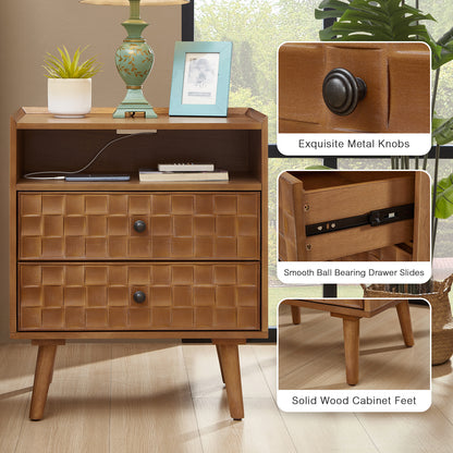 Nightstand with Charging Station, 2 Drawer Bedside Table with Shelf  Features geometric drawer fronts, open storage, USB and AC charging, and solid wood legs for everyday convenience