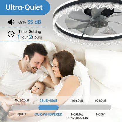 Modern LED Ceiling Fan with Light - 24'' Dimmable Ceiling Light with Invisible Blades and Crystal Design