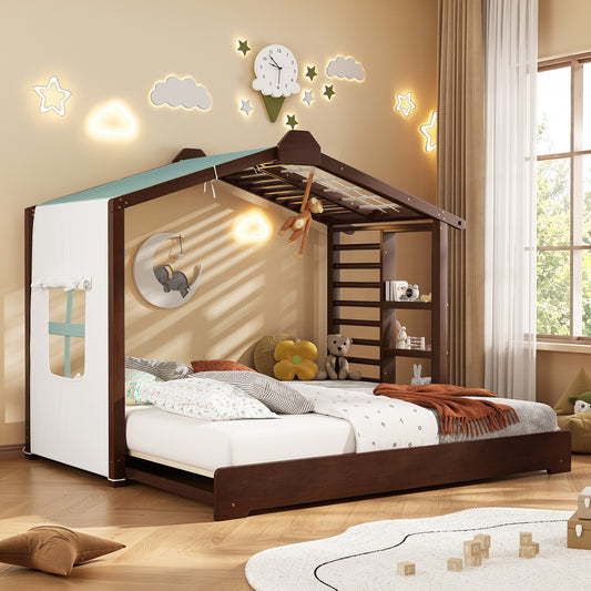 Twin Size House Bed with Twin Size Trundle and Side Shelves, Espresso
