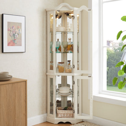 Curio Cabinet Lighted Glass Display Curio Cabinet w/Tempered Glass Doors and Shelves, Crown Corner Cabinet with Bulb, Corner Storage Decoration for Living room and Bedroom WHI