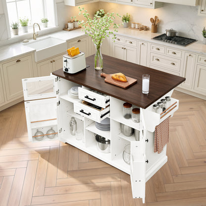 47.2" Kitchen Island with Drop Leaf, Power Outlet, Rolling Kitchen Storage Cart on 4 Wheels with 4 Door Shelves, Cross Barn Doors & Visual Glass Door for Kitchen,White