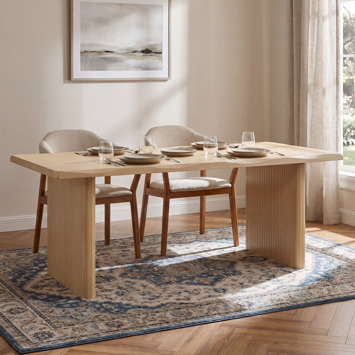 Natural Oak Veneer Dining Table with Ribbed Rubber Wood Legs, 68.75' L Scalloped-Edge Indoor Table in Warm Natural Finish, MDF Top with Oak Veneer