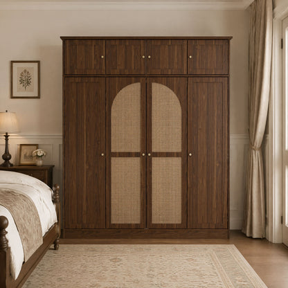 70.87"Tall 8-Door Large Capacity Armoire Wardrobe Closet with Hanging Rod, Adjustable Shelves and Rattan Decorative Doors, Clothing Storage Cabinet for Bedroom, walk-in closet, Living Room, Walnut